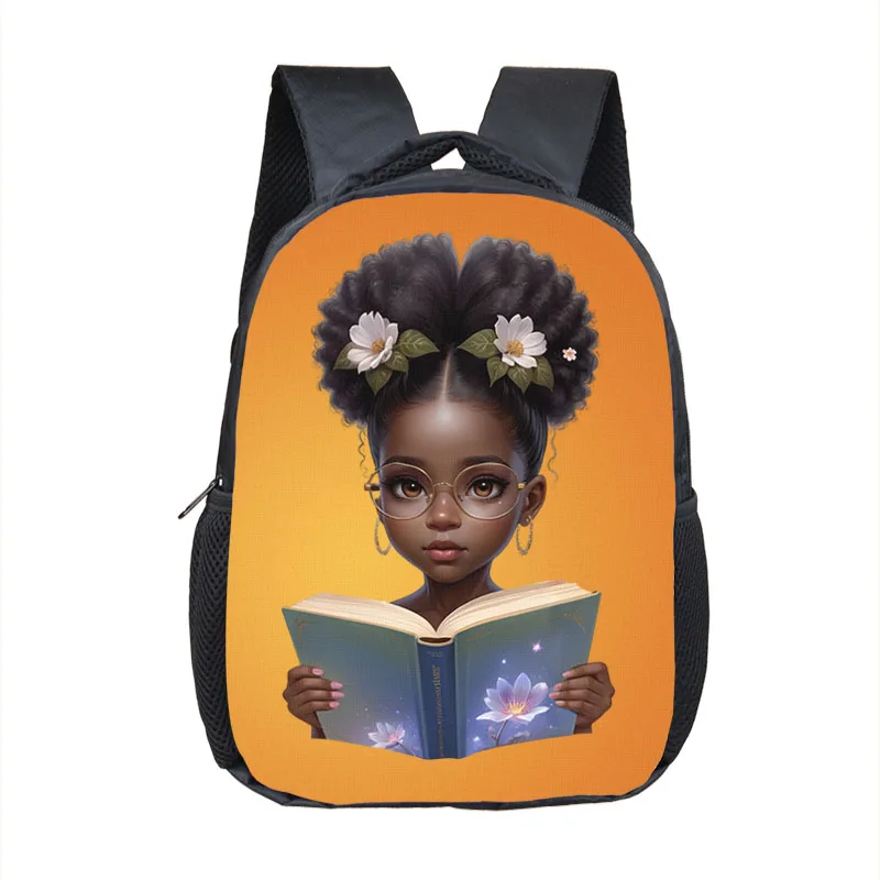 African Girls School Bags com Flores e Coroa, Cartoon Book Backpack, Kindergarten Bookbag, Mochilas Pequenas, Preto, Presente