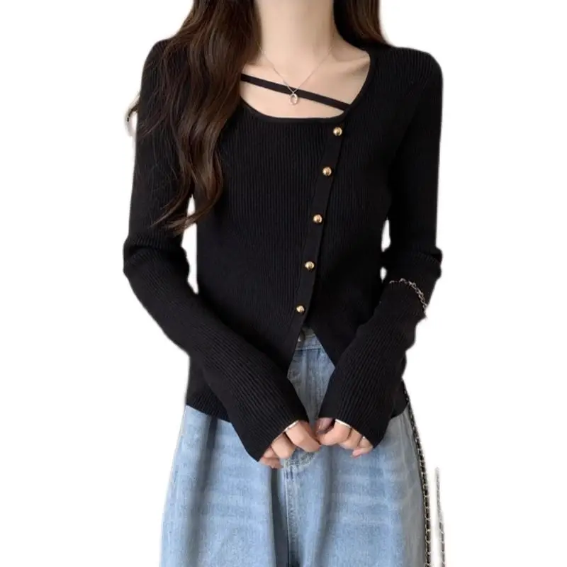 French Hollowed Out Irregular Round Neck Knitted Sweater with Long Sleeves Versatile and Fashionable Slimming Effect Worn