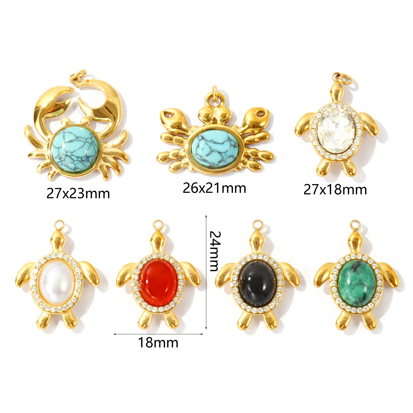 1PC Ocean Tortoise Crab Jewelry Charms Multicolor Stone Rhinestone 304 Stainless Steel 18K Gold Plated Pendant For DIY Necklace