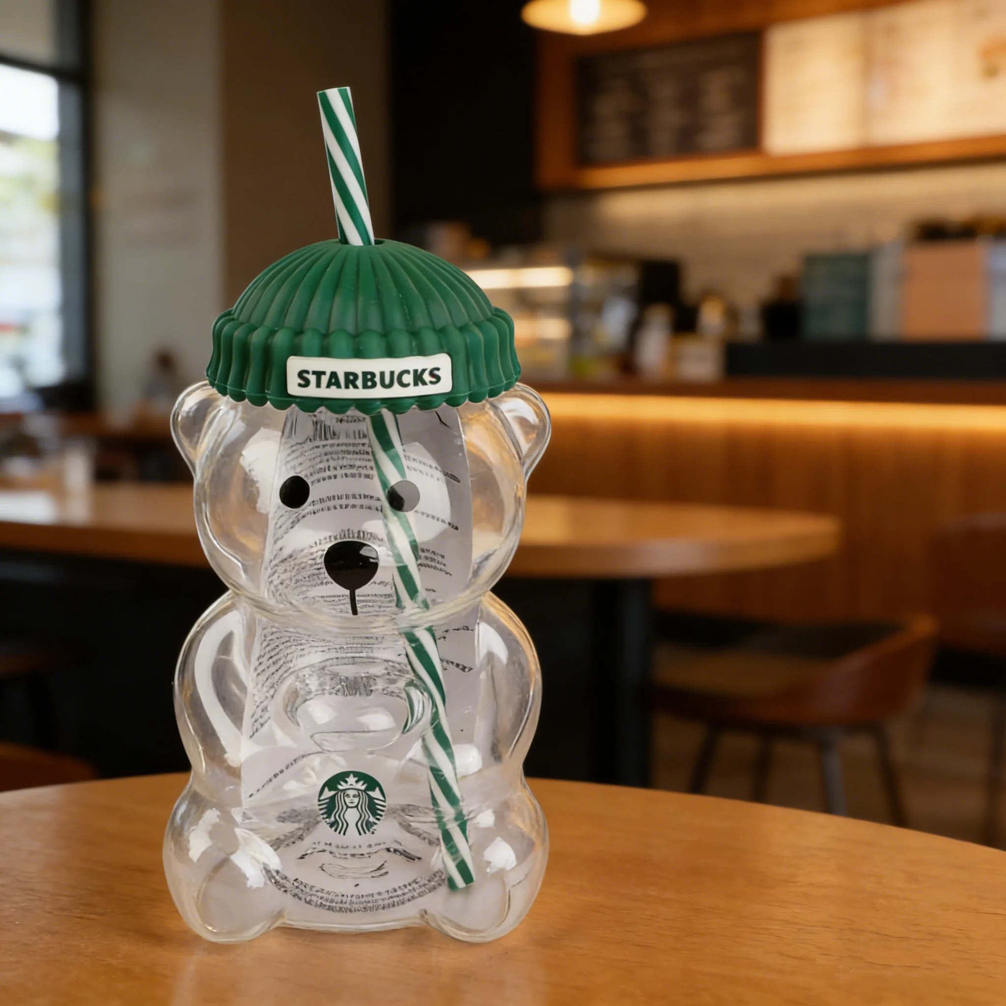 Vaso de Vidrio Starbucks Bearista Bear de 20oz con Tapa Verde y Pajita, Regalo para el Hogar o Cafetería