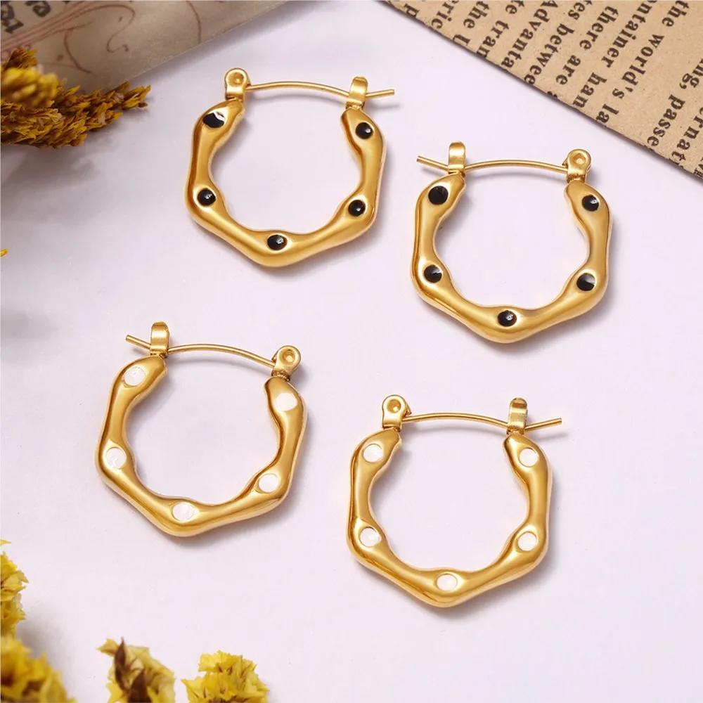 Fashion Black White Enamel Polka Dot Hoop Earrings For Women Stainless Steel PVD Gold Plated Elegant Earrings Wedding Jewellery