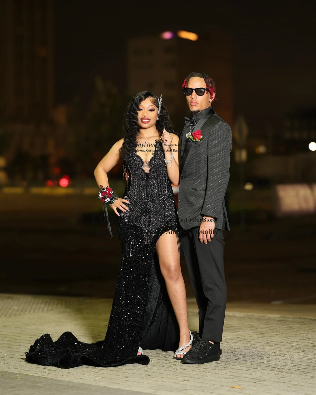 반짝이는 스팽글 인어 무도회 원피스, 아프리카 다이아몬드 구슬 장식, 격식 있는 파티 갈라 가운, 슬릿 이브닝 로브