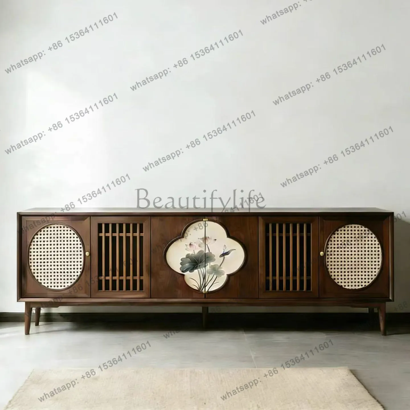 YJ New Chinese North American Black Walnut TV Cabinet Lotus Rattan Decorative Cabinet