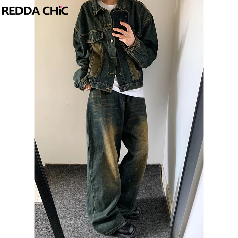 

REDDACHIC мужские потертые усы джинсовые широкие брюки с регулируемой талией старые прямые мешковатые джинсы больших размеров Harajuku уличная одежда в стиле ретро