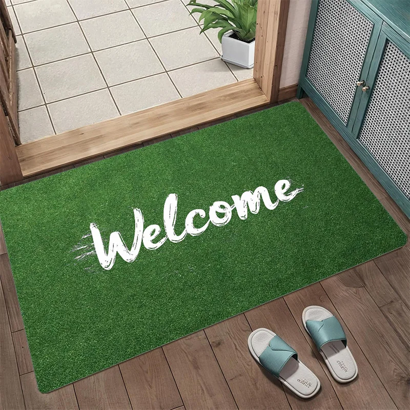 Green Artificial Grass Welcome Door Mat, Outdoor Garden Entrance Floor Rug, Non-slip Turf Entryway Carpet, Home Decor