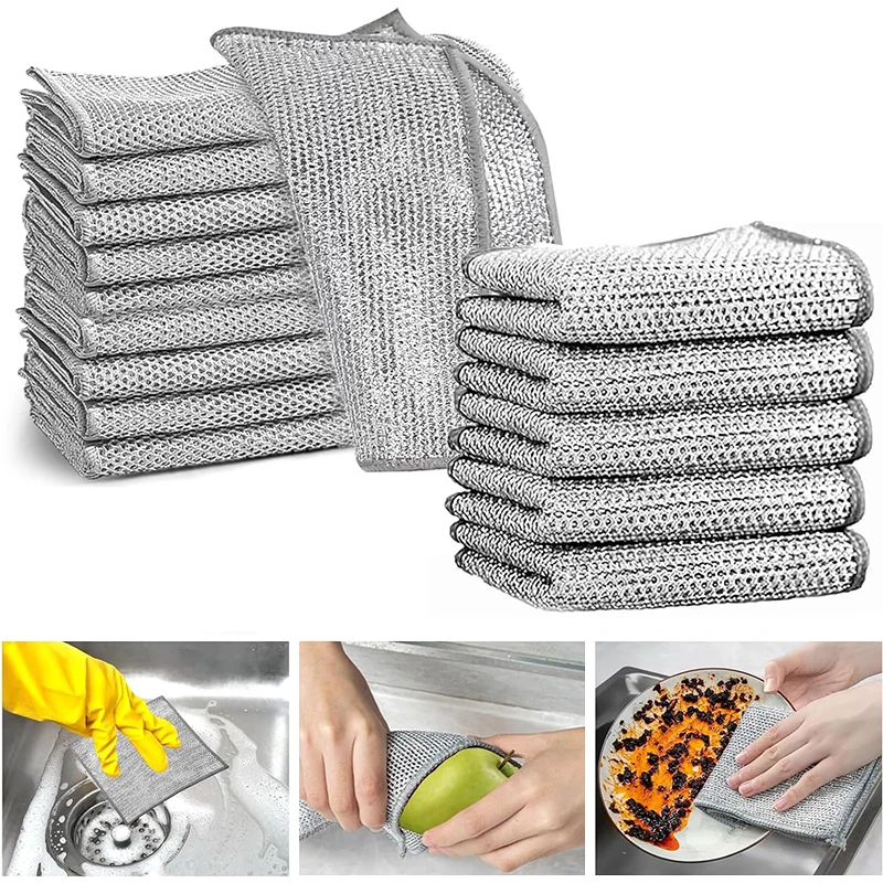 Paños de alambre multiusos para platos, toallas de té de alambre, limpia platos de alambre húmedo y seco, resistente a los arañazos, 5/10/20 piezas