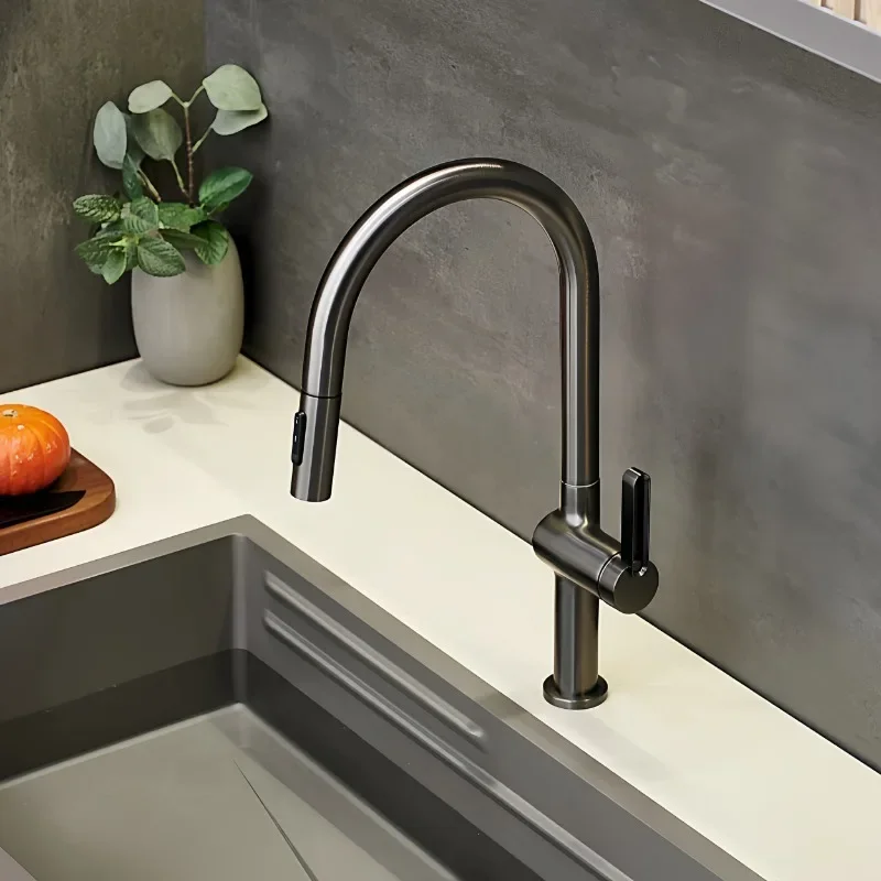 Gunmetal Grey Pull Out Kitchen Tap, Solid Brass Body 360° Rotatable, Hot Cold Multi-function Sink Faucet for Washing Dishes