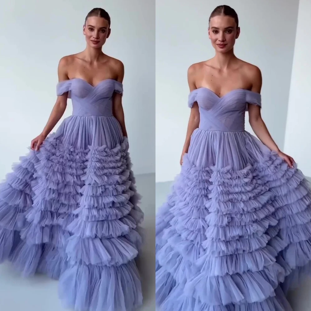 

Retro Off-the-shoulder Ball Gown Sweep/Brush Prom Dresses Layered Draped Net/Tulle Formal Occasion فستان ريش vestidos de gr