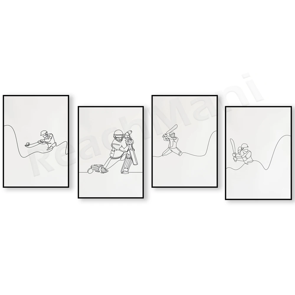 Minimalist cricket line art, athlete poster, black and white outline sketch line art, gift for cricket lovers