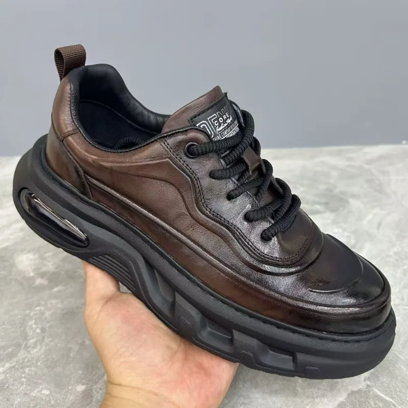 

Men Leather Casual Shoes Air Cushion Thick Sole Platform Sneakers Business Office Shoes Height Increasing Winter Warm Footwear
