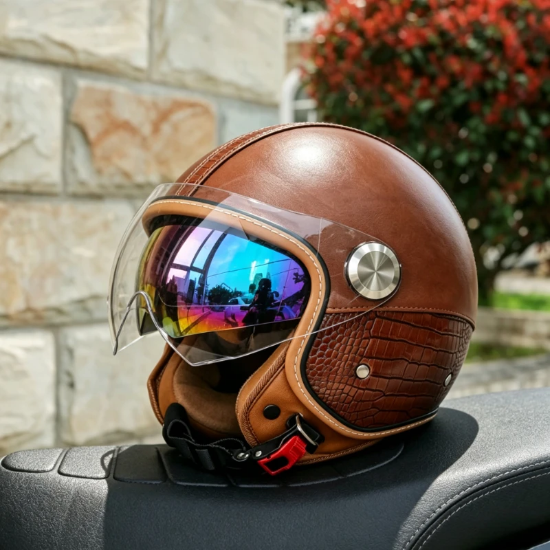 Retro Crocodile Motorcycle Helmet Dual Visor Smooth Glide Lens Mechanism Retractable Sun Lens Unisex Open Face Riding Helmet