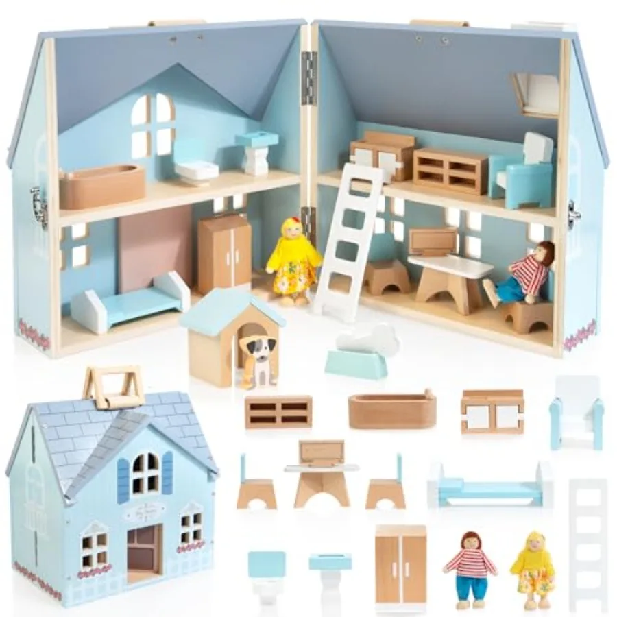 

Foldable Wooden Dollhouse with 2 Dolls and Pet Set, 20PCS Furniture Wooden Doll House for Girls Age 3-6, Portable Pretend Play