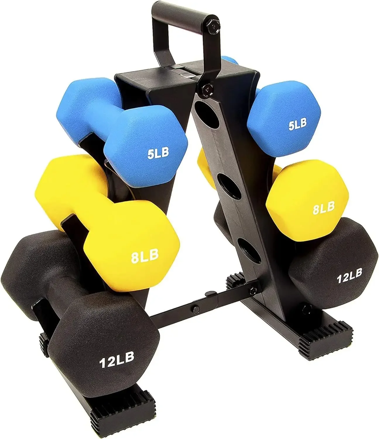 3 Pair Neoprene Coated Hexagon Shaped Dumbbell Set with 3, 5, and 8 Pound Hand Weights, Weight Stand, and As