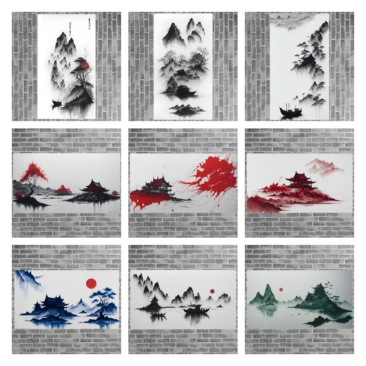 Chinese Ink Landscape Canvas Poster Traditional Oriental Mountain Boat Pavilion Living Room Wall Painting Bedroom Wall Decor