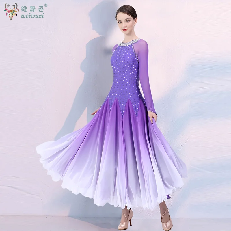Traje de desempenho de dança moderna high-end elástico gradual mudança de cor vestido adulto valsa dança de salão roupas de competição