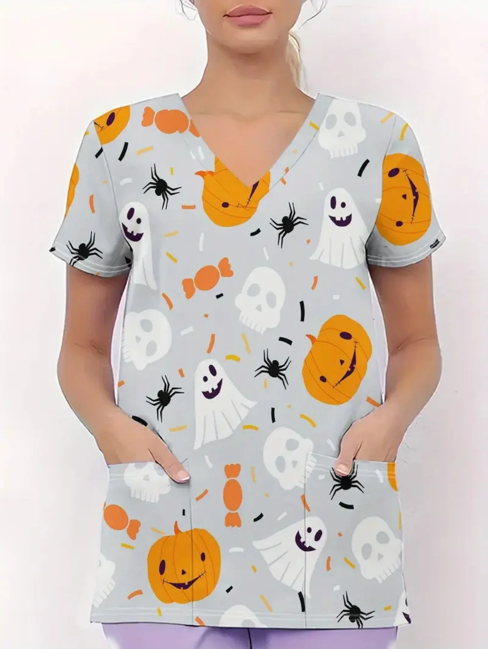 

Halloween Surgical Uniform Cute Pumpkin Ghost Print Summer Fashion V-Neck Short Sleeve Tops Vet Yellow Woman Surgical Uniforms