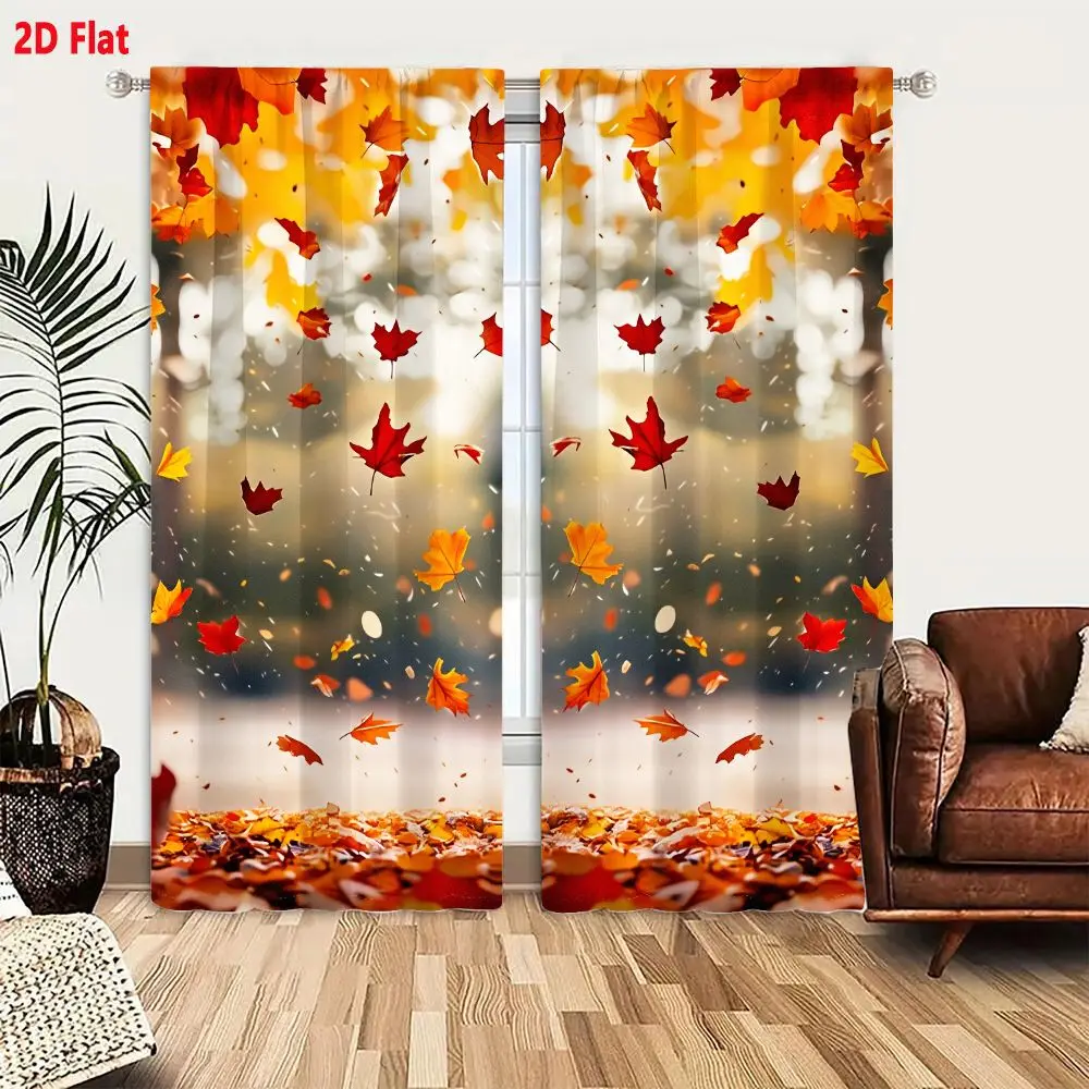 2Pcs Curtains 2D Flat Vibrant Autumn Scene With Falling Red Orange And Yellow Leaves In A Park Setting Window Drapes for Bedroom