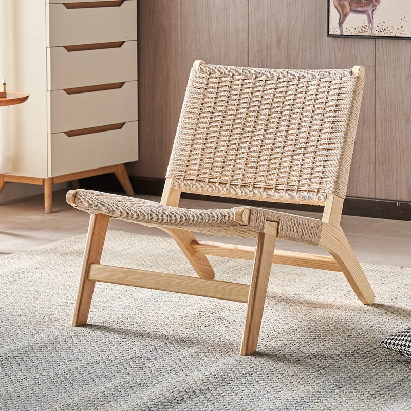 Saddle Leather & Rope Weave Chair, Handcrafted Bohemian Lounge Chair with Solid Wood Frame, Artistic Accent Seat for Living Room