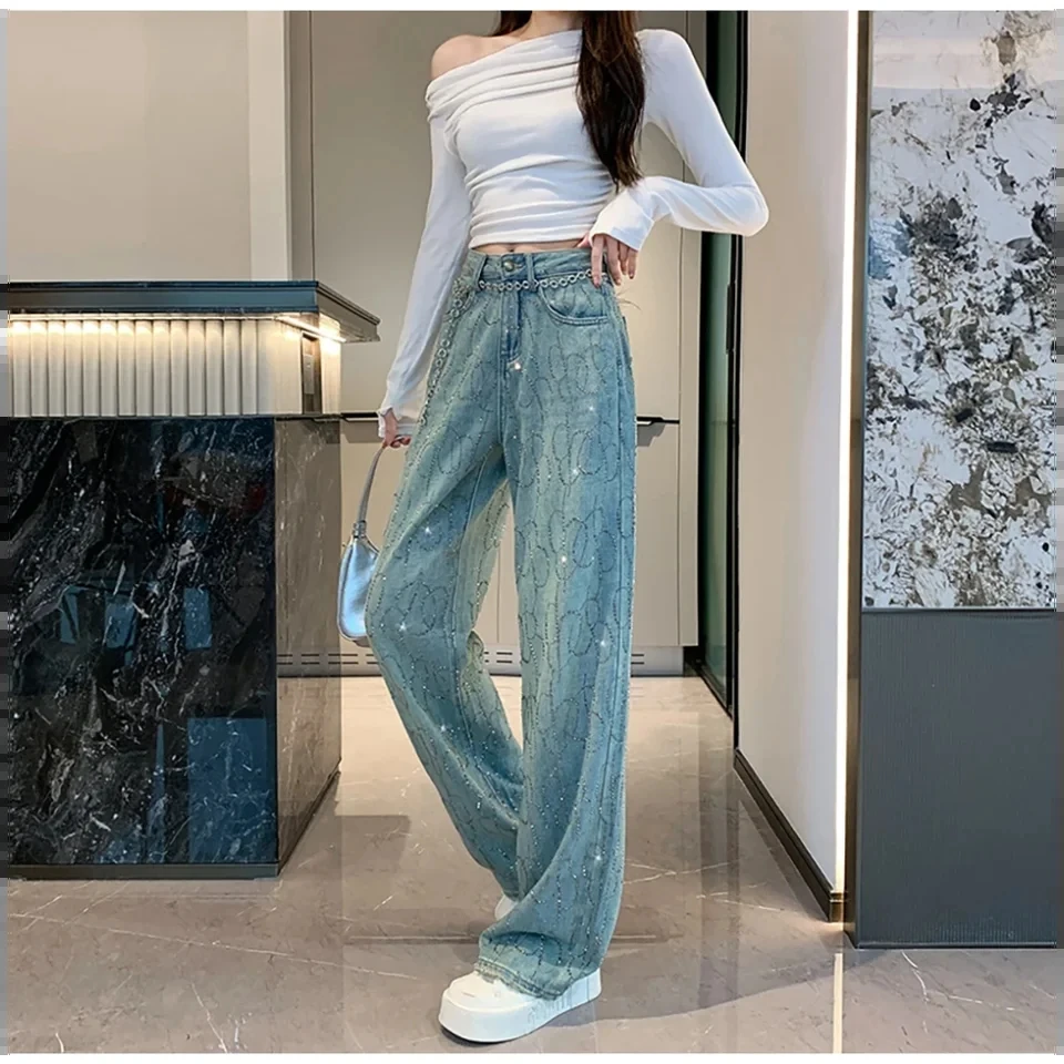 

Jeans Women 2025 Spring Autumn Trendy Shiny Rivet Wide Leg Pants Female Straight Loose Denim Pants