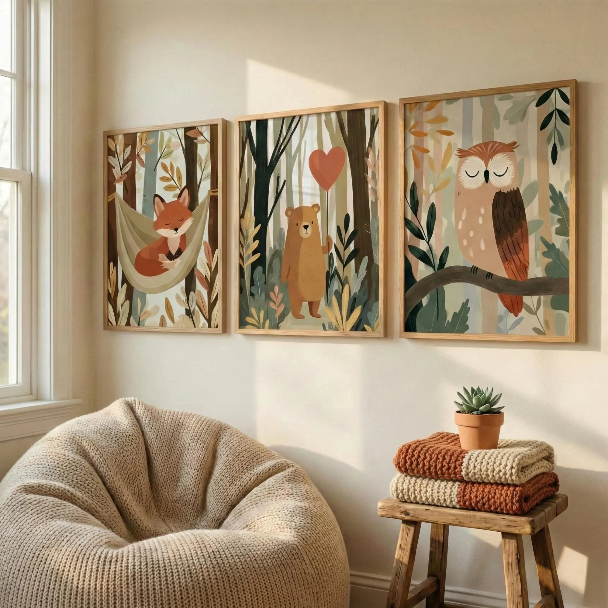 3Pcs Woodland Animal Nursery Wall Art, Cute Fox Bear Owl Forest Canvas Prints, Neutral Boho Cartoon Decor for Baby Kids Bedroom