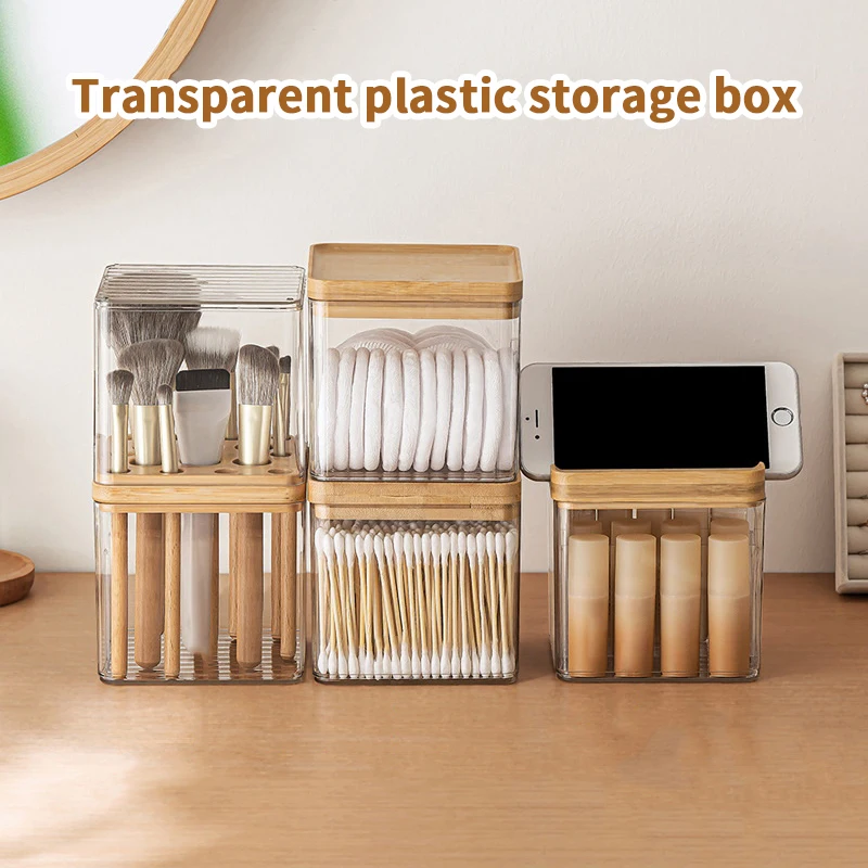 일본식 나무 데스크탑 투명 플라스틱 보관 상자 테이블 화장품 메이크업 브러쉬 보관 보관 상자 면봉 홀더