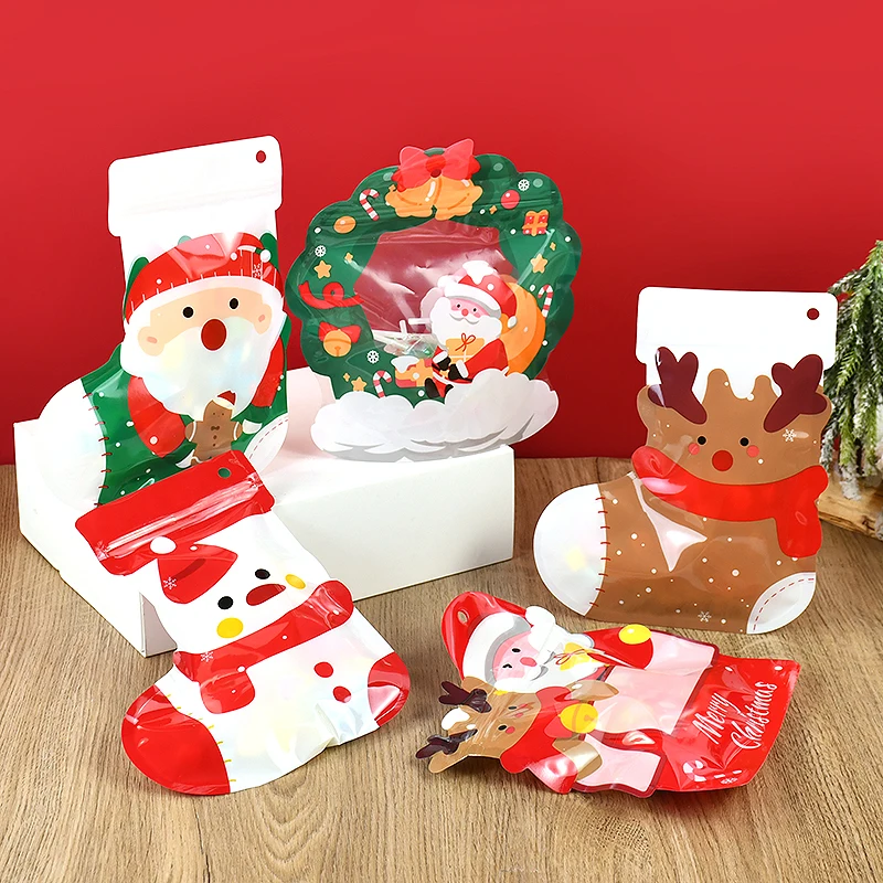 5pcs Christmas Candy Bags Santa Claus Snowmam Ziplock Packaging Bag Xmas Socks Shape Cookie New Year Xmas Party Present Decors