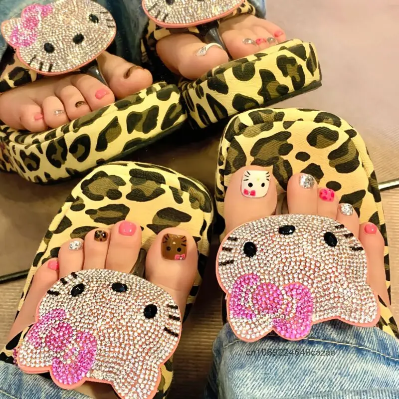 Sanrio Hello Kitty New Leopard Pattern Thick Sole Flip-flop Women's Summer Cute Beach Shoes Japanese Style Y2k Fashion Slippers