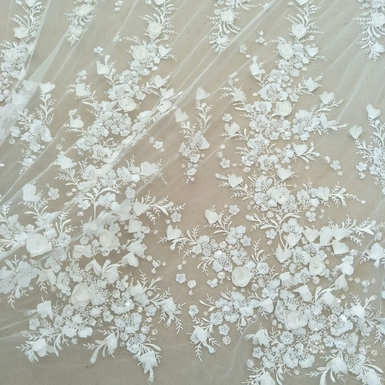 fashion handmade flower dress lace fabric 130cm width sequins lace with beads sell by yard