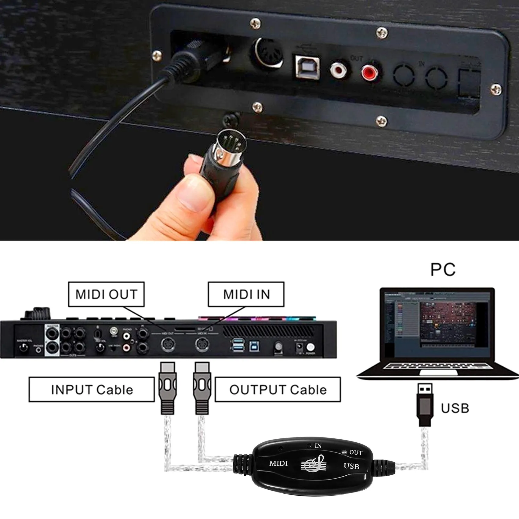 USB In-Out MIDI Cable Converter, PC para Music Keyboard Cabo Adaptador