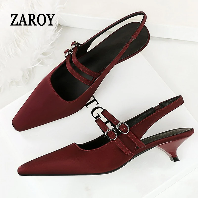 

ZAROY Classic Solid Satin Sandals Women Double Buckle Thin Low Heels Mules Shoes Elegant Pointed Toe Slingback Party Sandalias