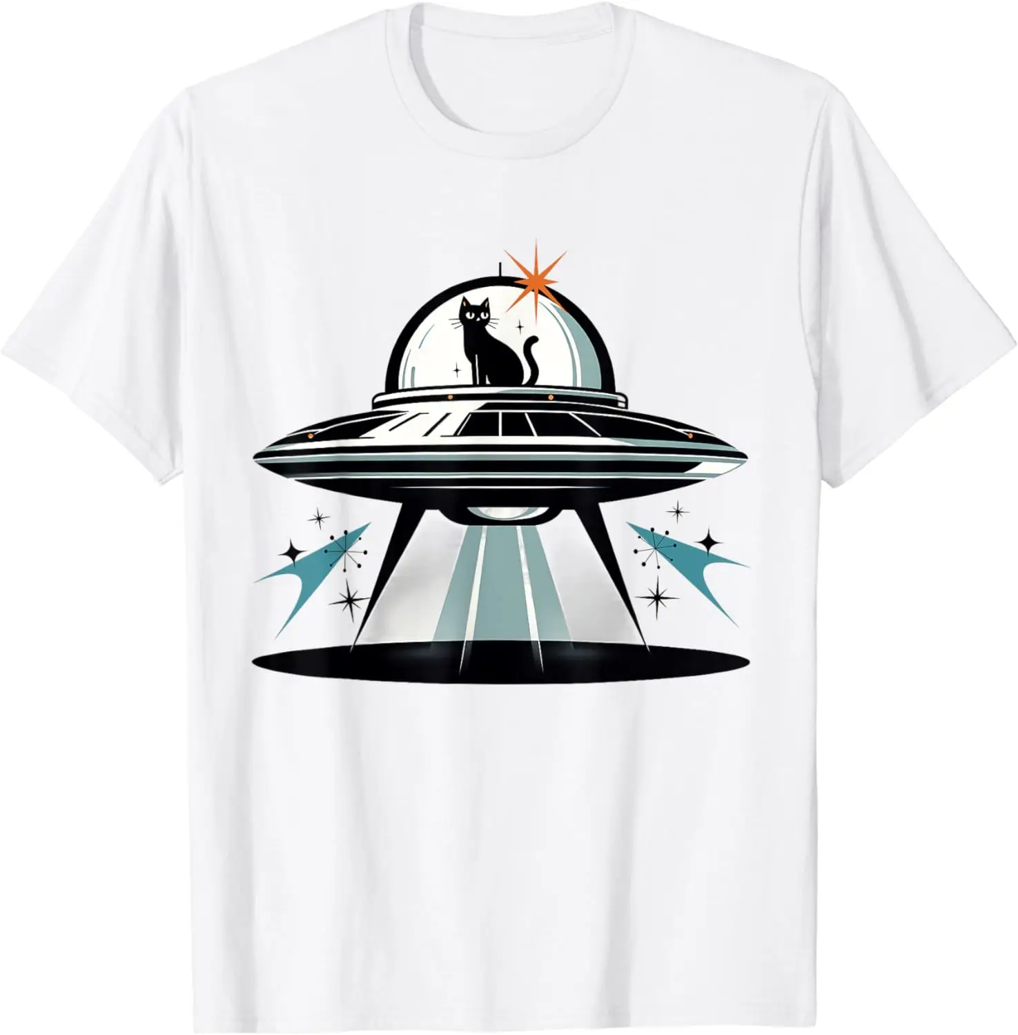 Cool UFO Midcentury Black Cat Retro Atomic Age Space Capsule T-Shirt for Men Women Cotton Oversized T Shirt Streetwear