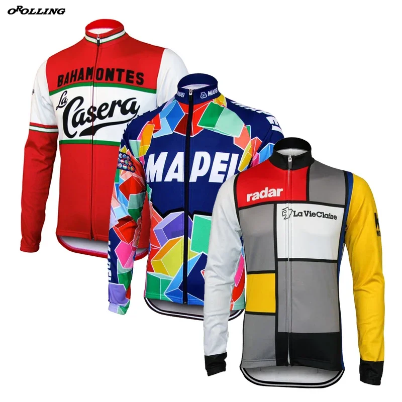 New Retro Team Cycling Jersey Long Sleeves Thin OR Winter Thermal Fleece Customized Road Mountain Race Top Classical