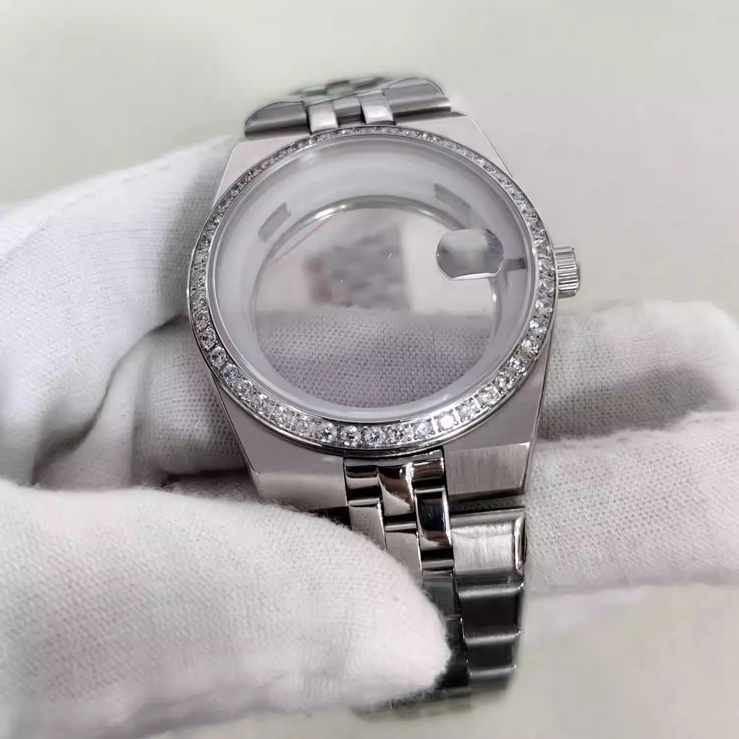 39.5mm Stone Bezel Watch Case Sapphire Crystal Magnifier Transparent Back Fit NH35 NH36 Movement Watch Mod Parts