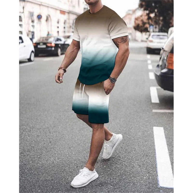 Abstract Gradient 3D Print T-Shirts Shorts Sets Men\'s Casual Fashion Oversized Short Sleeve T Shirt Pants Set Man Suits Clothing