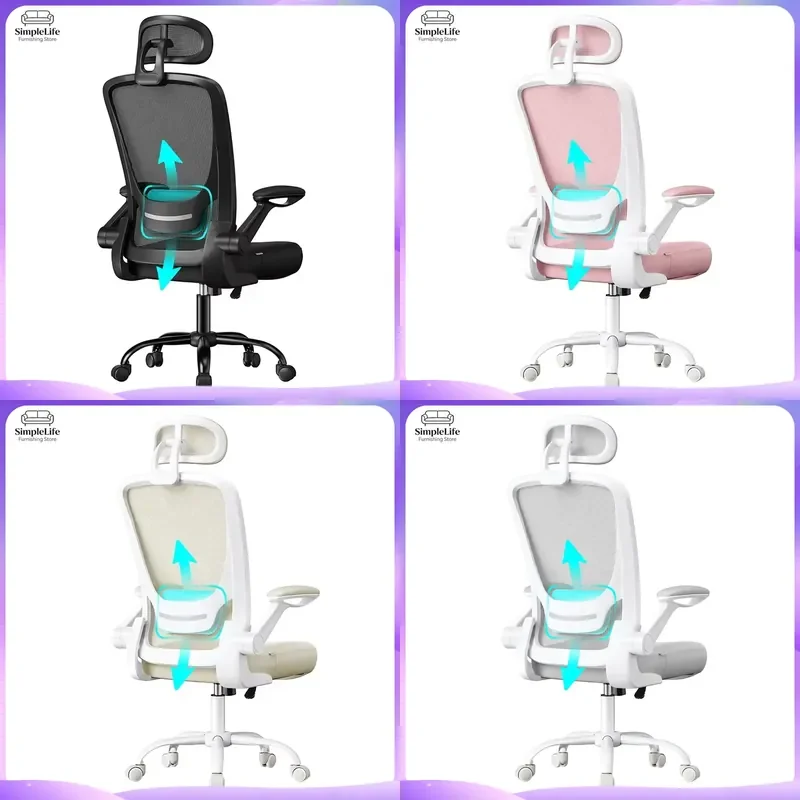 Cadeira de Escritório Ergonômica com Encosto Alto em Malha, Cadeira de Computador com Suporte Lombar Ajustável, Apoio de Cabeça e Braços, Giratória para Casa e Jogos