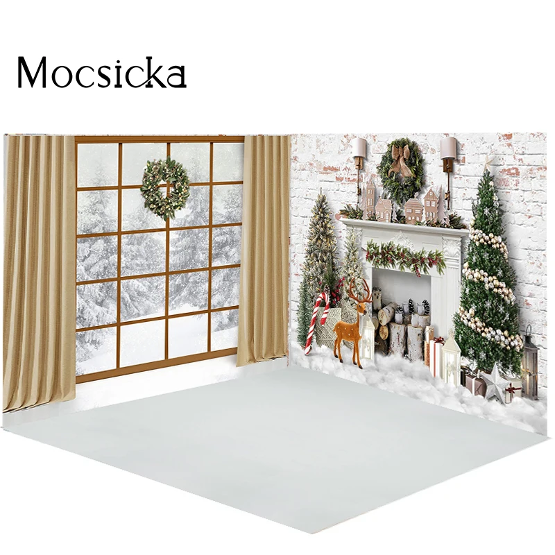 Mocsicka Christmas Backdrops For Photography Fireplace Snow Xmas Tree Photo Background Family Portrait Decorations Photo Studio