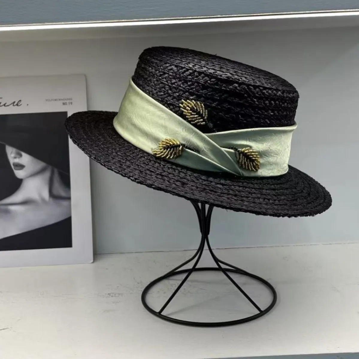 French high-end imported raffia material hat women's small brimmed flat top hat summer travel sun hat