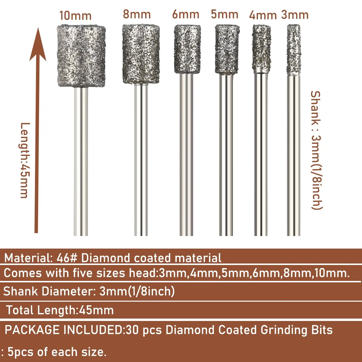 6pcs Diamond Coated Burr Set Grinding Engraving Bit 3mm Shank Cylindrical Rotary File for Stone Carving,DIY,Polishing