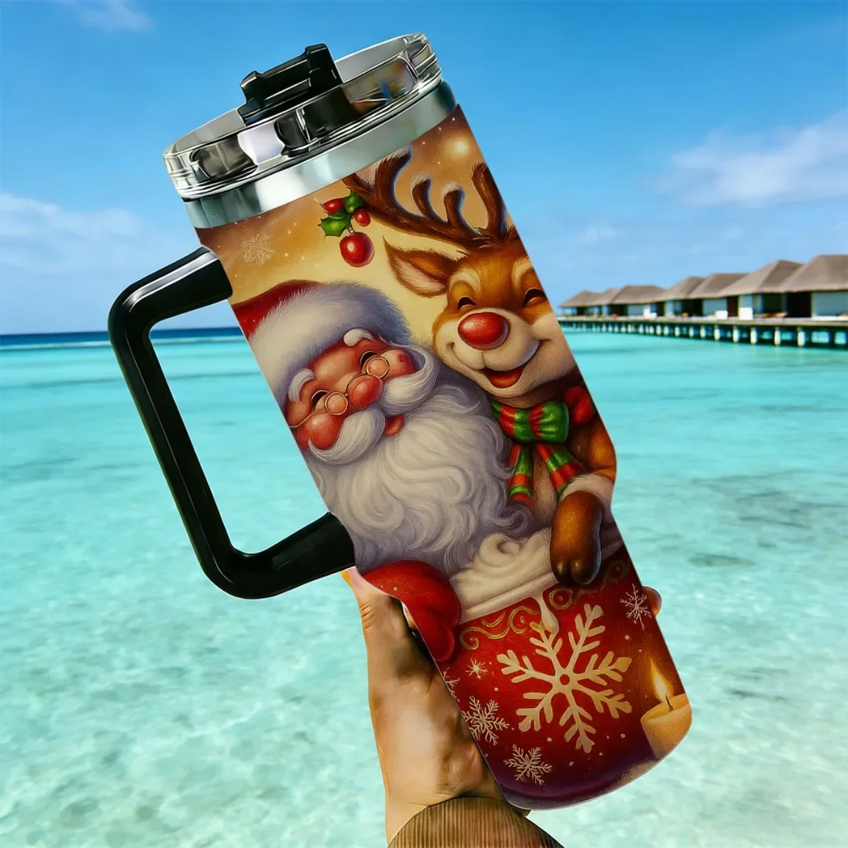 40oz Tumbler with Handle Vintage Santa Reindeer Christmas Holiday Print Insulated Cup, Other colors sold out, random black or white shipment for other color orders
