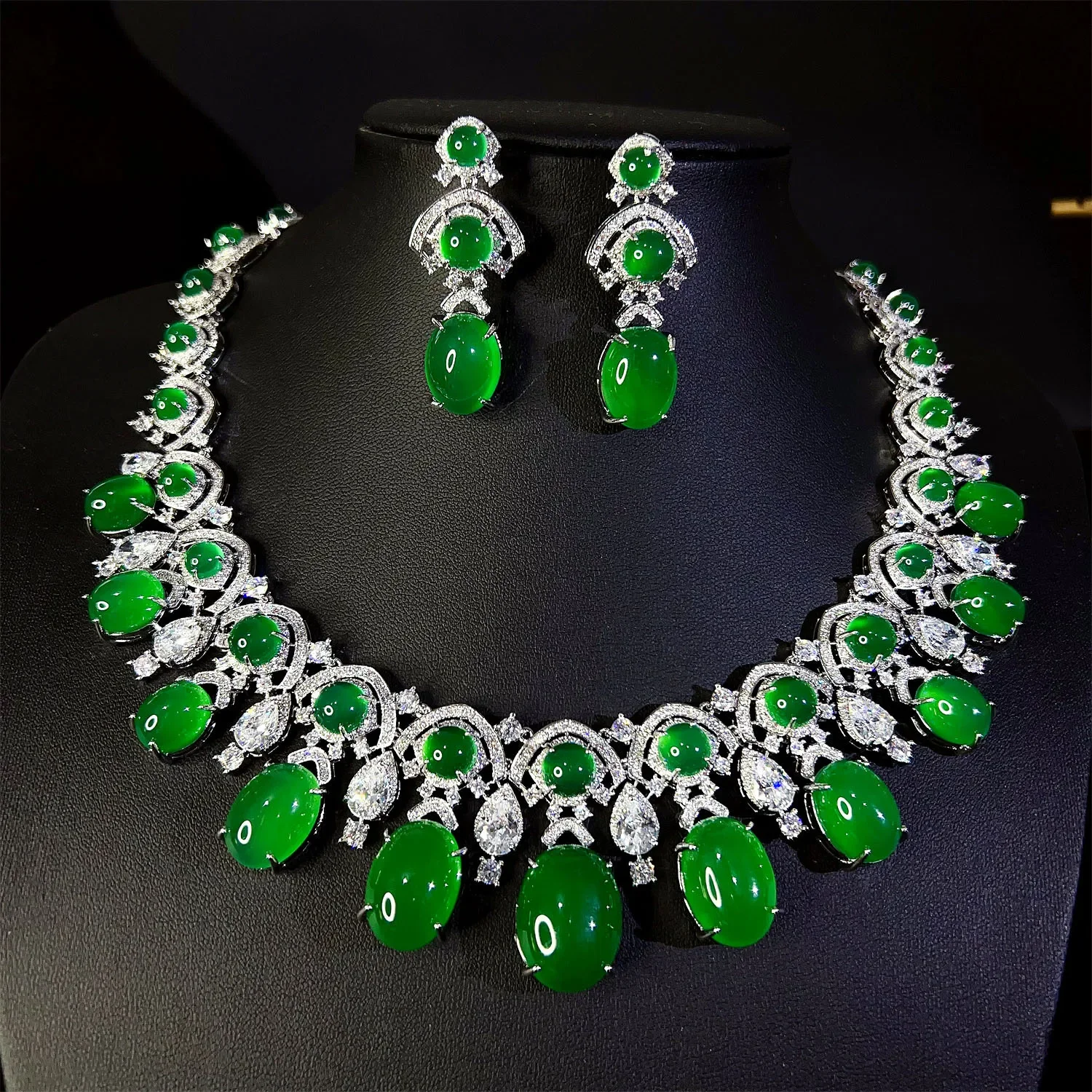 Emerald Green Stone Luxury Nau Zirconia Jewelry Set Women Africa Crystal Necklace Earrings Wedding Party Accessory Bijoux Femme