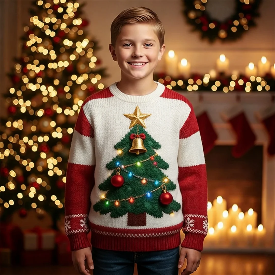Christmas Boys' 3D Santa Claus Ugly Imitation Sweater Gift Sweater Long Sleeve Fall Winter Fashion Kids 4-12 Years Crew Neck