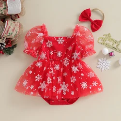 Newborn Infant Baby Girl Lace Christmas Romper Dress Short Sleeve Snowflake Print Tulle Mesh Skirt with Headband Xmas Clothes