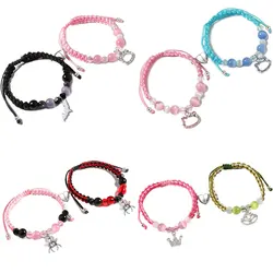 Spider Kitty Charm Bracelets Opal Beads Rope Heart Magnetic Matching Bracelets for Couples Friendship Bracelet Halloween Jewelry