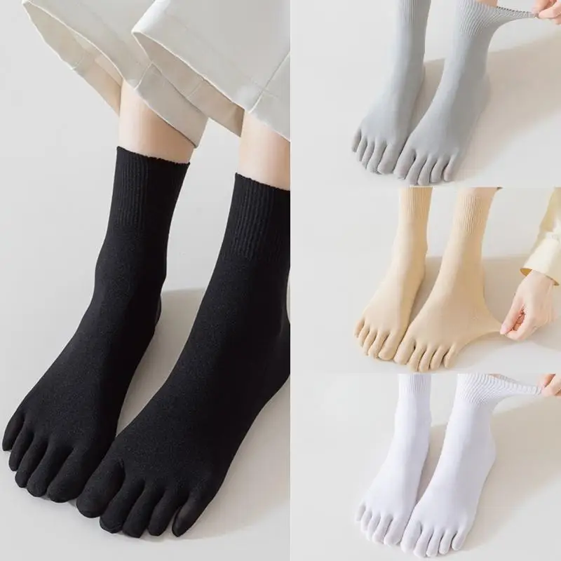1Pair Thin Breathable Sweat-absorbing Short Hosiery Five Finger Socks Solid Color Split-toed Five Toe Mid Tube Socks
