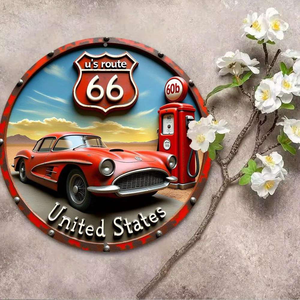 2D Flat, 1pc Vintage Route 66 Metal Wall Sign -Retro Red Classic & Route 66 Gas Pump Design with -60 Highway Marker - Heavy