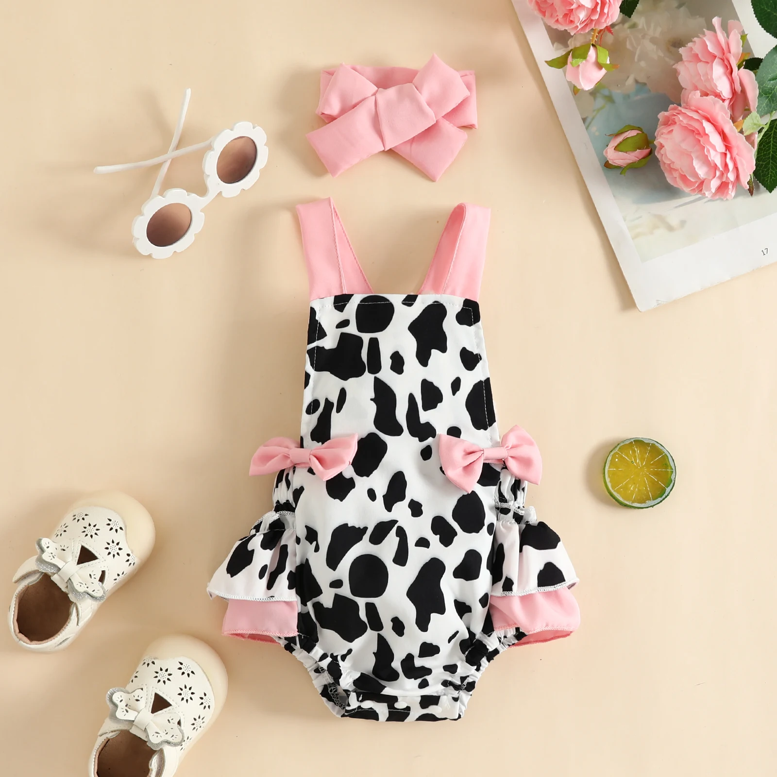 2pcs Baby Girls Cute Cow Graphic Print Bowknot Decor Sleeveless Onesie & Headband Set Clothes