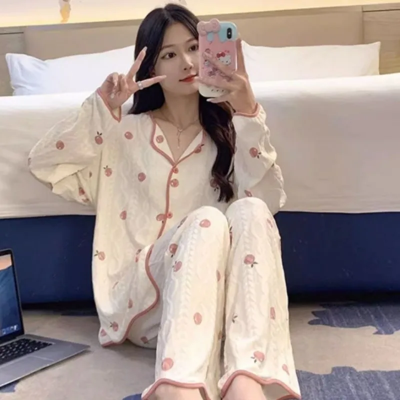 2024 New Women Spring and Autumn Sleepwear Loose Long Sleeve Pants Nightgown Small Fragrance Sweet Pyjamas Lapel Print Sleepwear