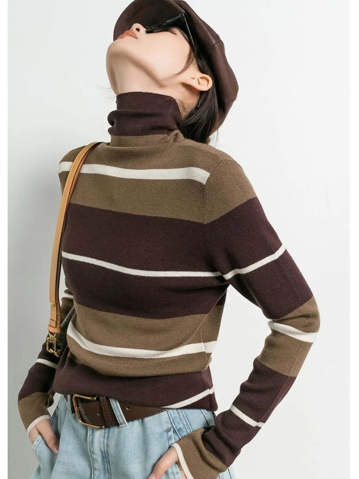 

TidepPA Chic High Ne Knitwear Women's Fine Spun Australian Wool Stripe Pattern Sli Ele Casual Commute Sle
