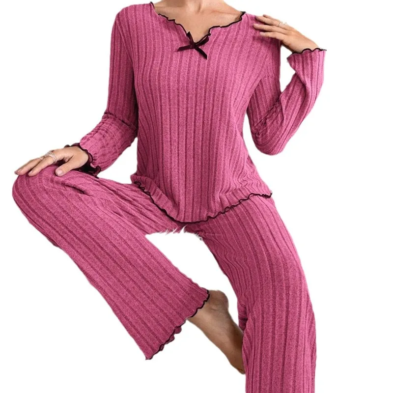 2025 New Autumn and Winter Pit Stripe Black Border Fungus Casual Comfortable Home Clothes Women's Pajamas Set Long Sleeved Pants