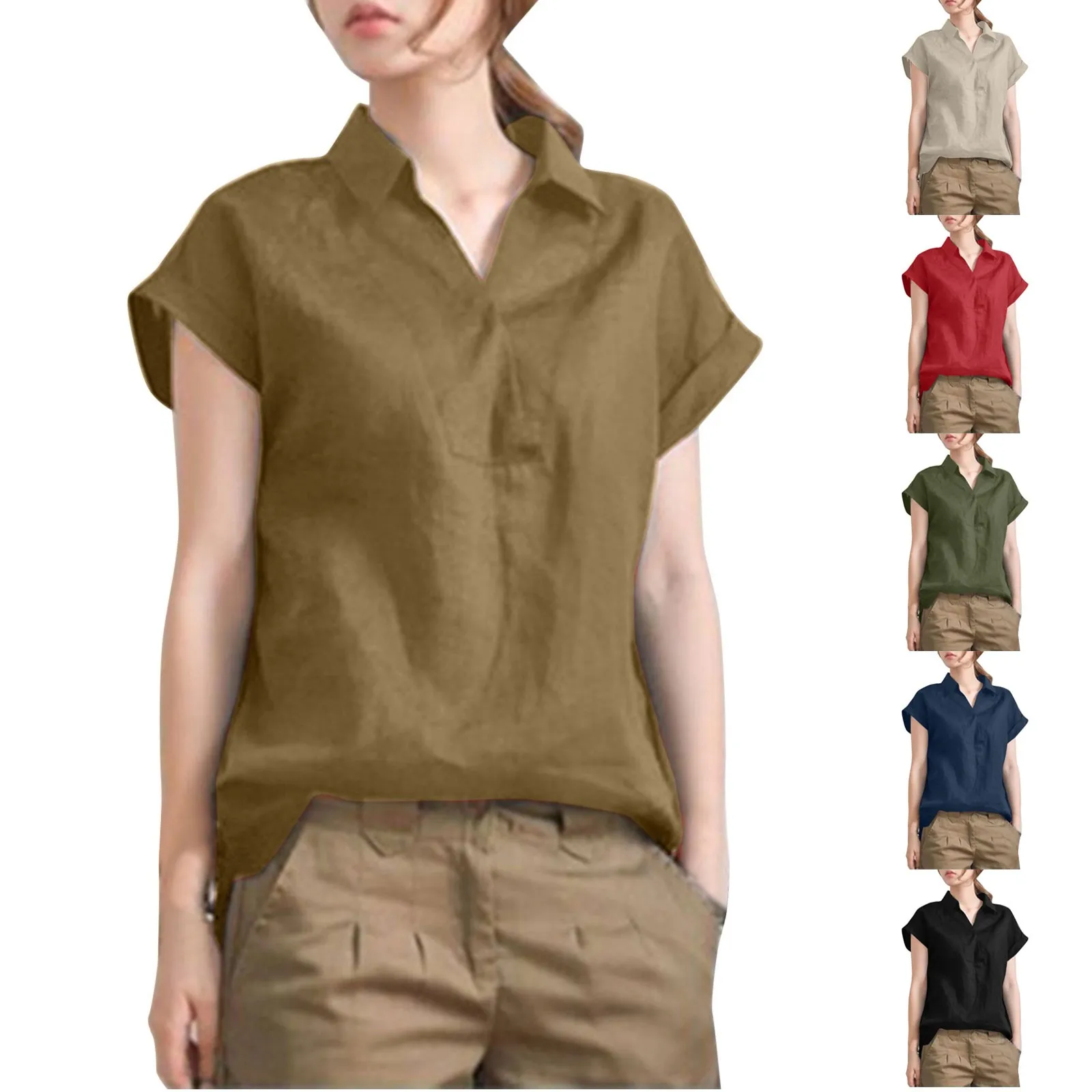 Women Chiffon Button Down Shirts With Pockets Short Sleeve Office Blouses V Neck Casual Business Tops Slim Korean Casual Shirts